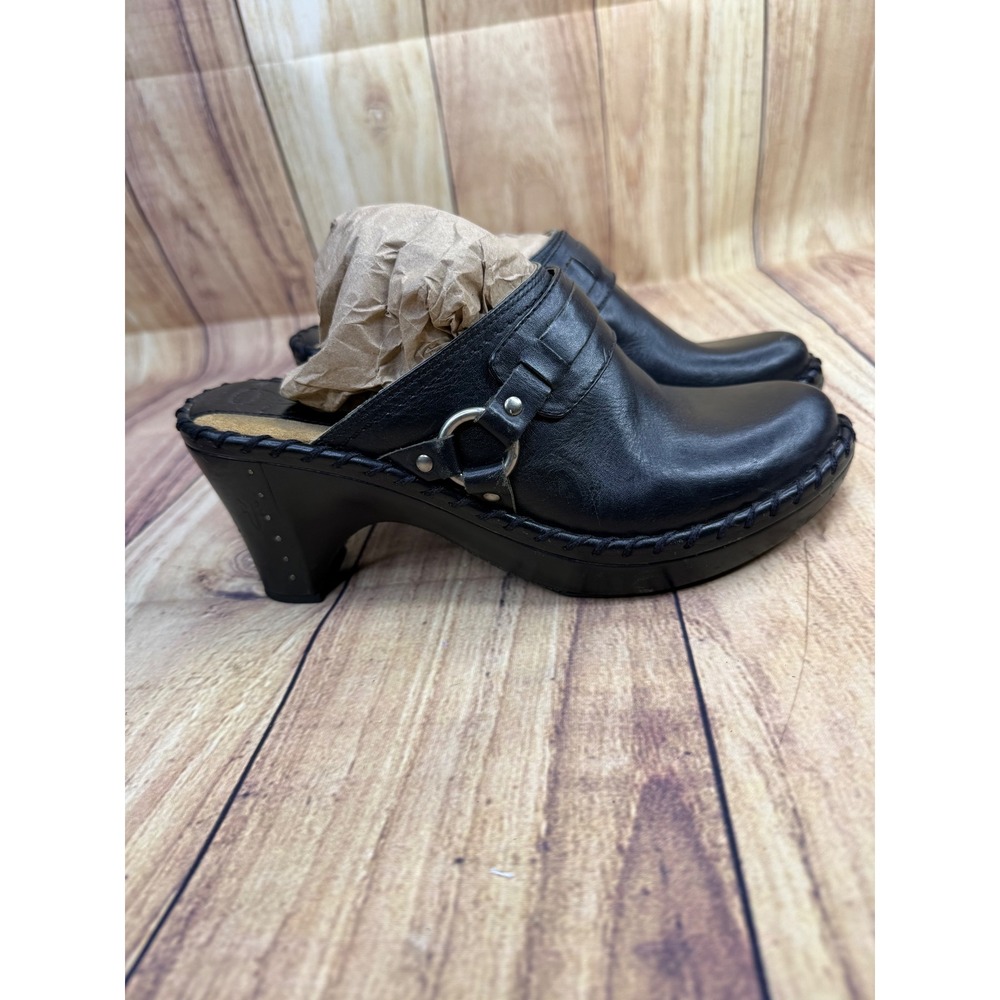 Frye Black Leather Harness Mules Studded Heel Whipstitch Clogs Womens
